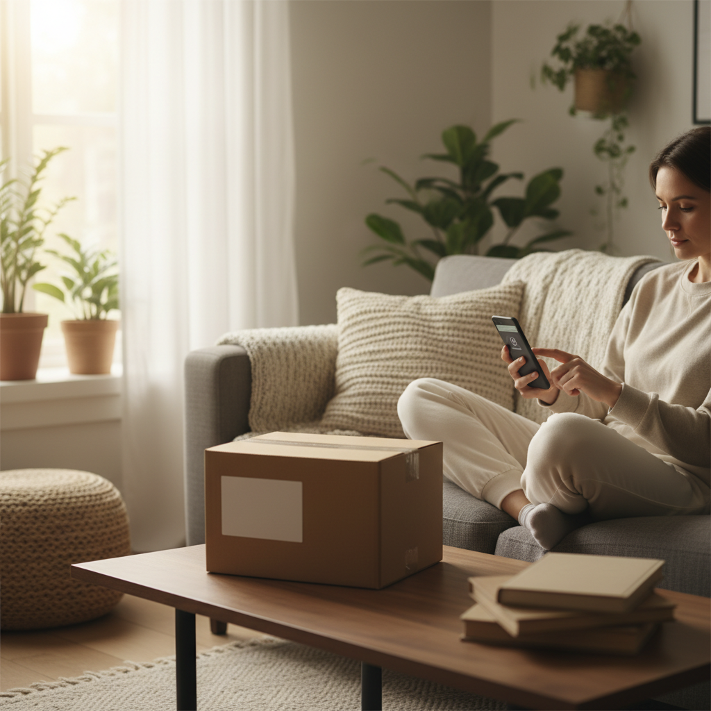 Cliente em casa recebendo notificação no celular com pacote entregue ao lado