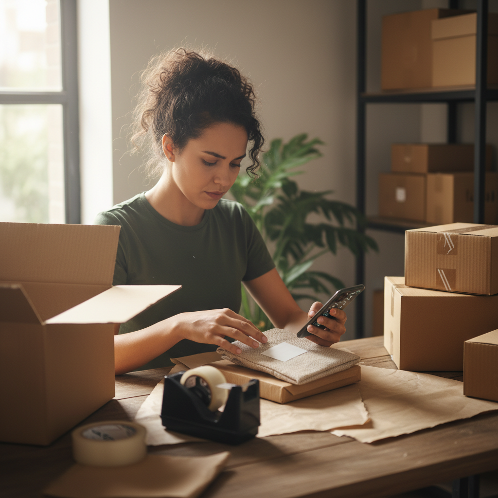Empreendedora de ecommerce preparando pedido enquanto checa pedidos no celular