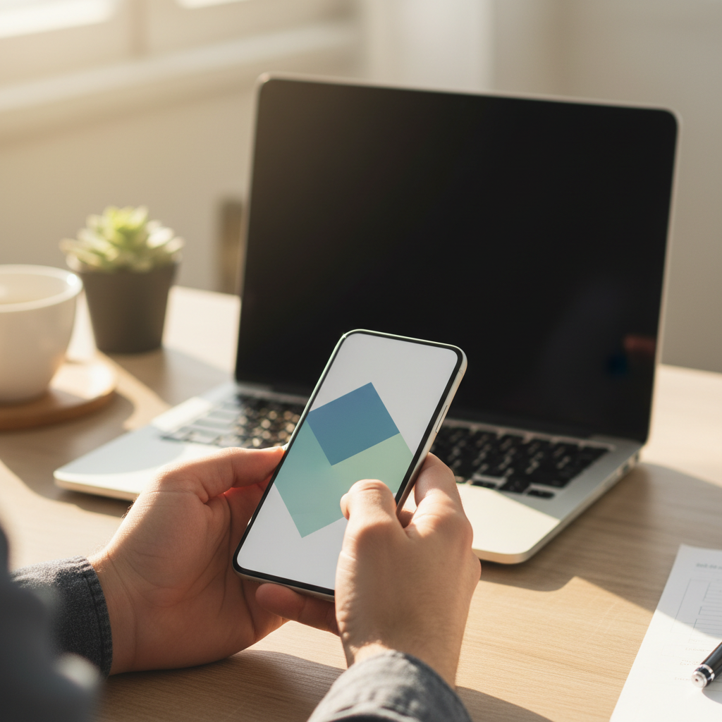 Mão de desenvolvedor segurando smartphone com app em uso sobre mesa de trabalho