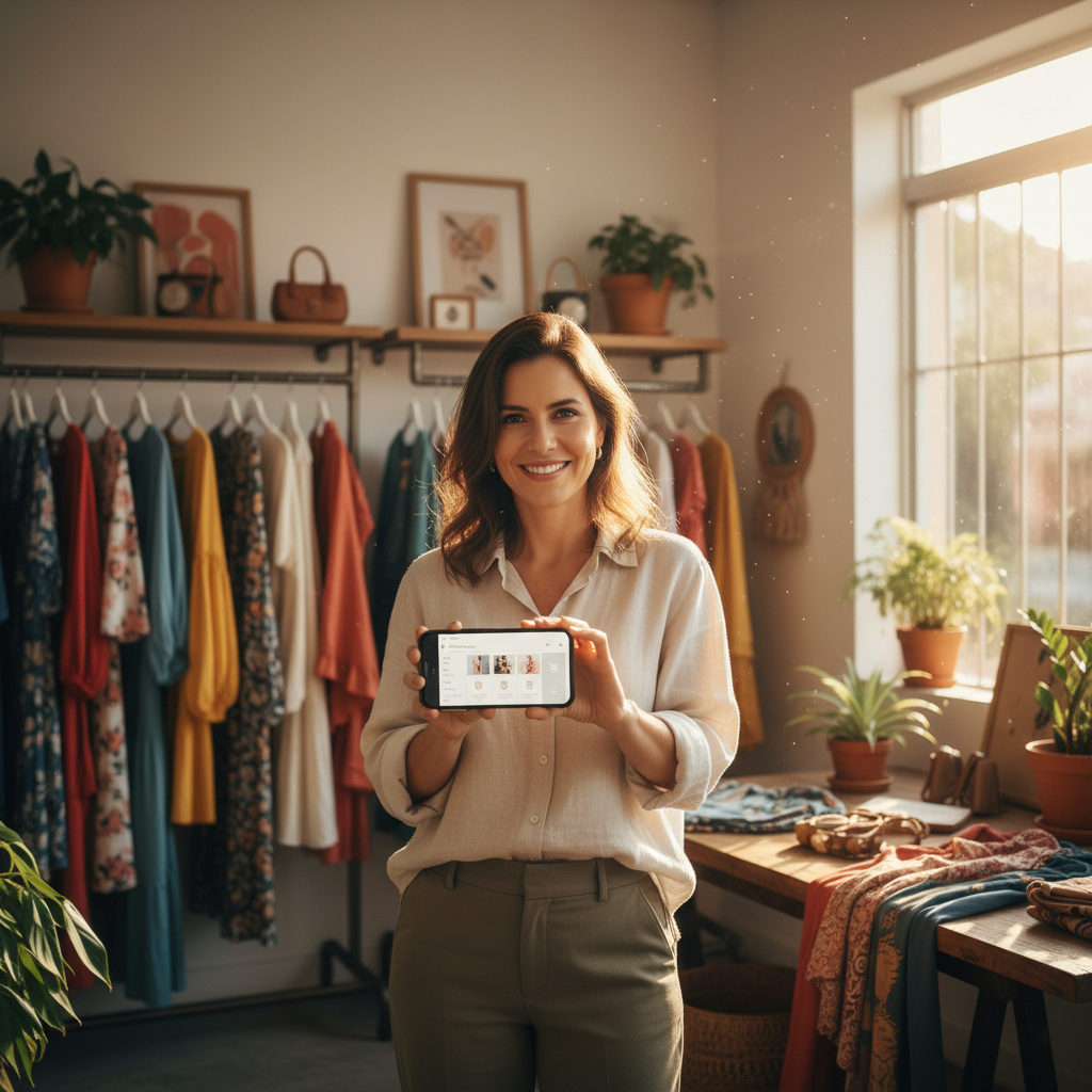 Dona de ecommerce de moda em seu showroom segurando celular com app de compras