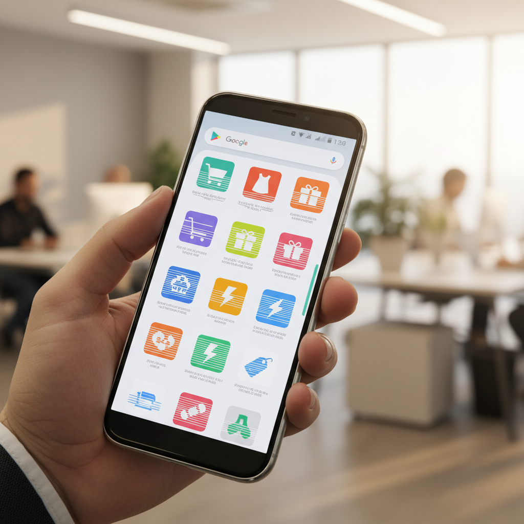 Smartphone exibindo a loja de aplicativos Google Play Store em destaque com ícones coloridos de e-commerce.