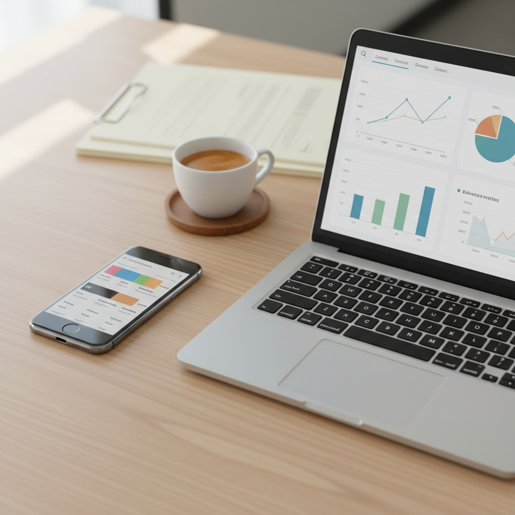 Smartphone com ícones de e-commerce e gráficos de custo flutuando sobre uma mesa de escritório moderna.