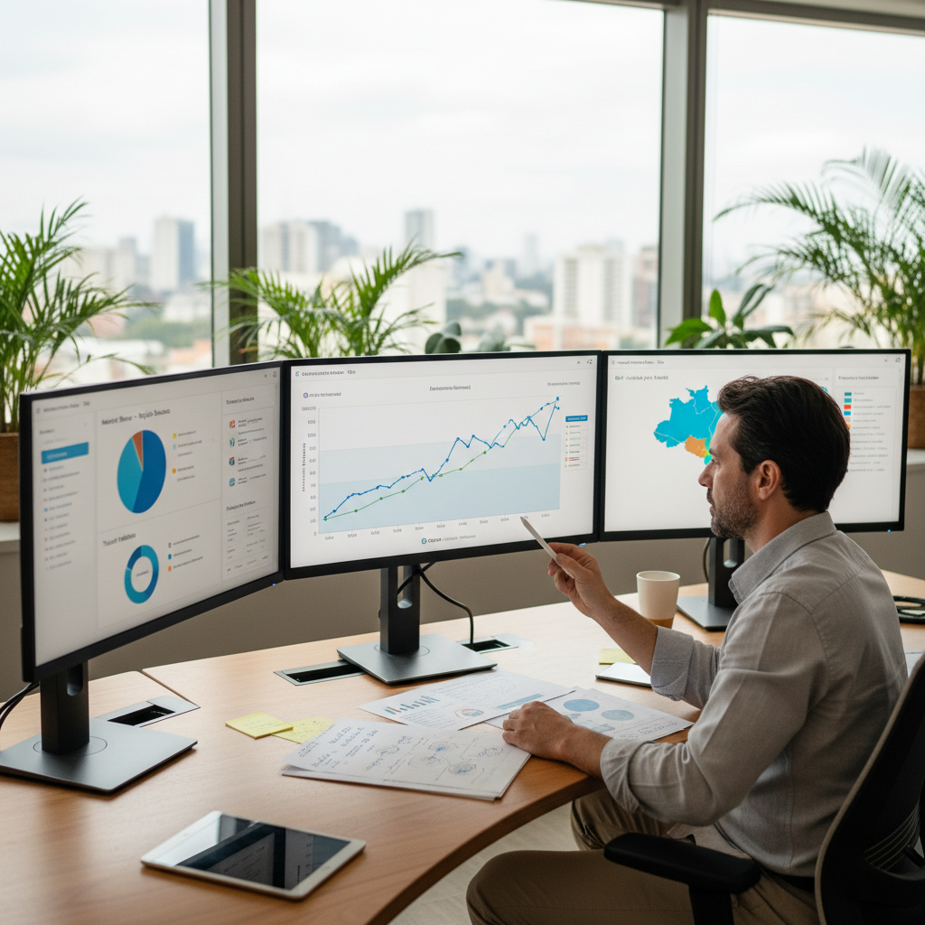 Profissional de e-commerce analisando gráficos de faturamento e dashboards de retenção em um escritório moderno.