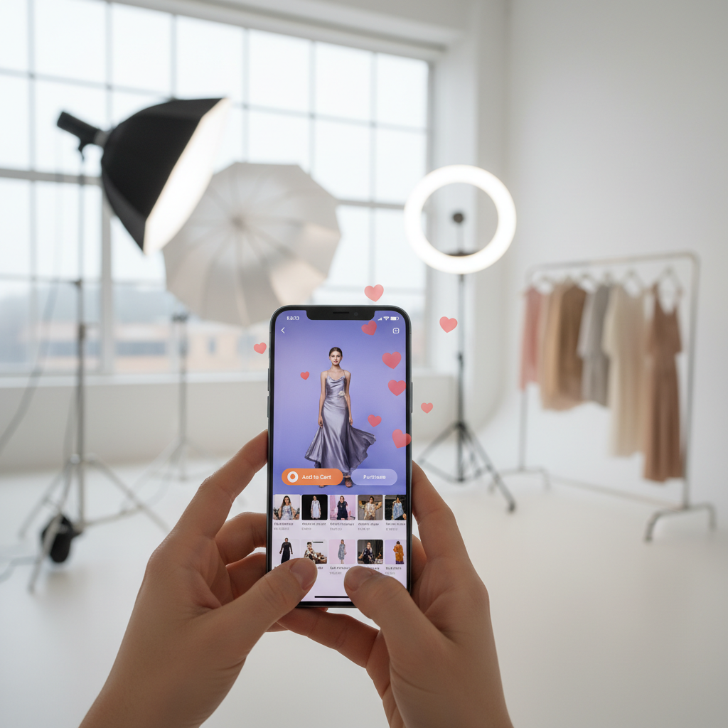 Smartphone mostrando interface de social commerce com produtos de moda e live stream ao fundo com apresentador demonstrando item.