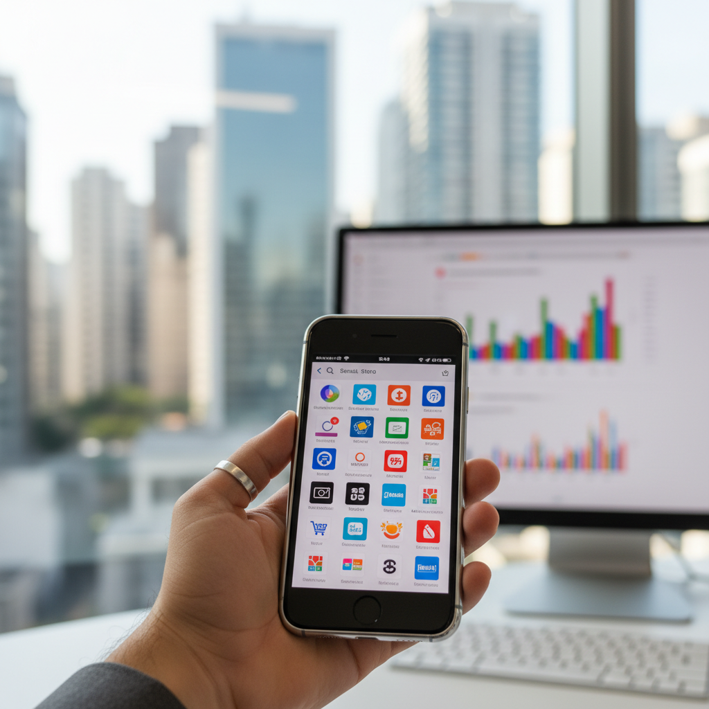 Smartphone mostrando tela de busca em loja de aplicativos com diversos ícones de e-commerce e gráficos de crescimento ao fundo.