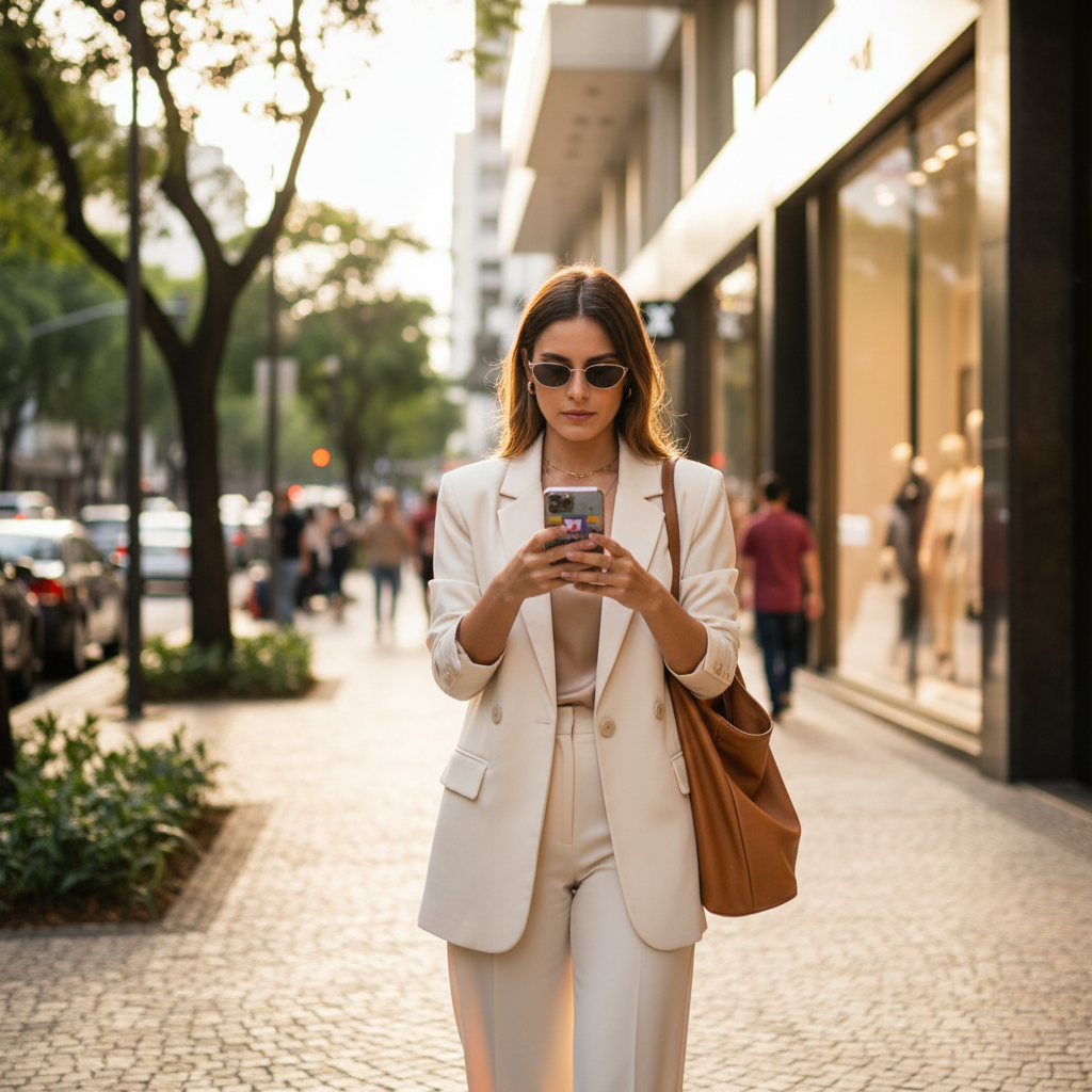 Mulher jovem usando smartphone para fazer compras online em uma rua urbana movimentada, estilo editorial moderno com desfoque de fundo e foco na tela do dispositivo.