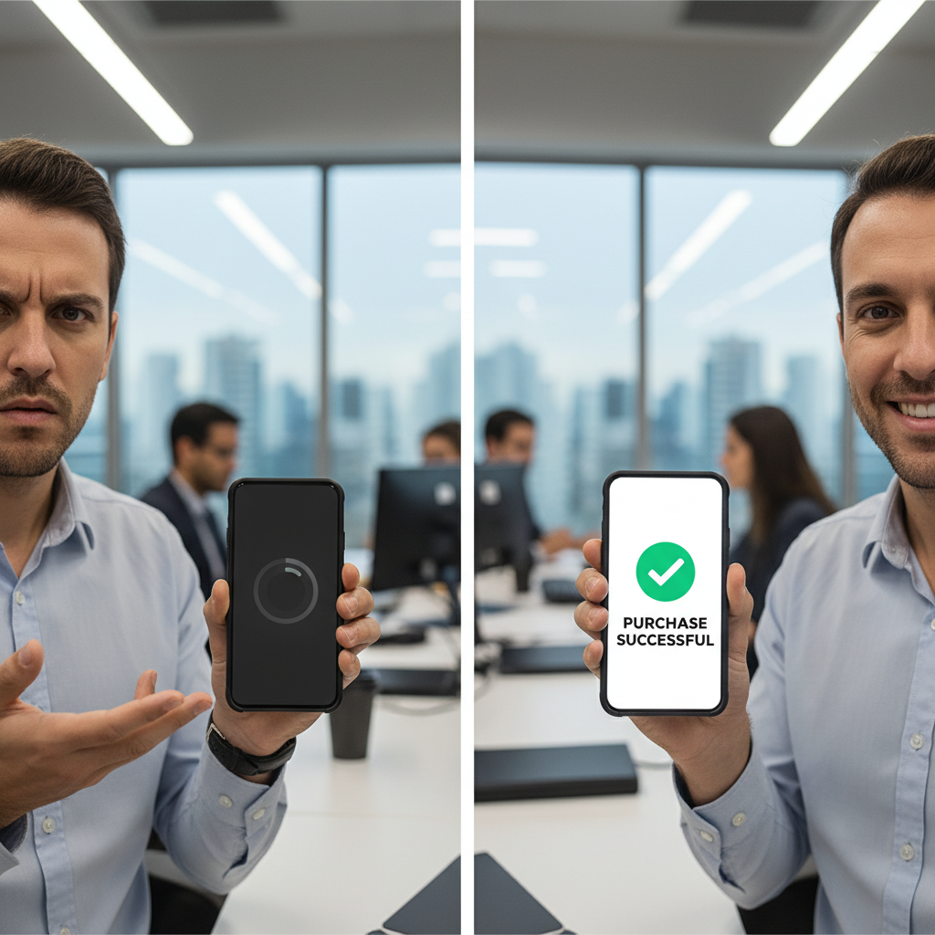 Usuário comparando a experiência fluida de um aplicativo de e-commerce com um site mobile lento.