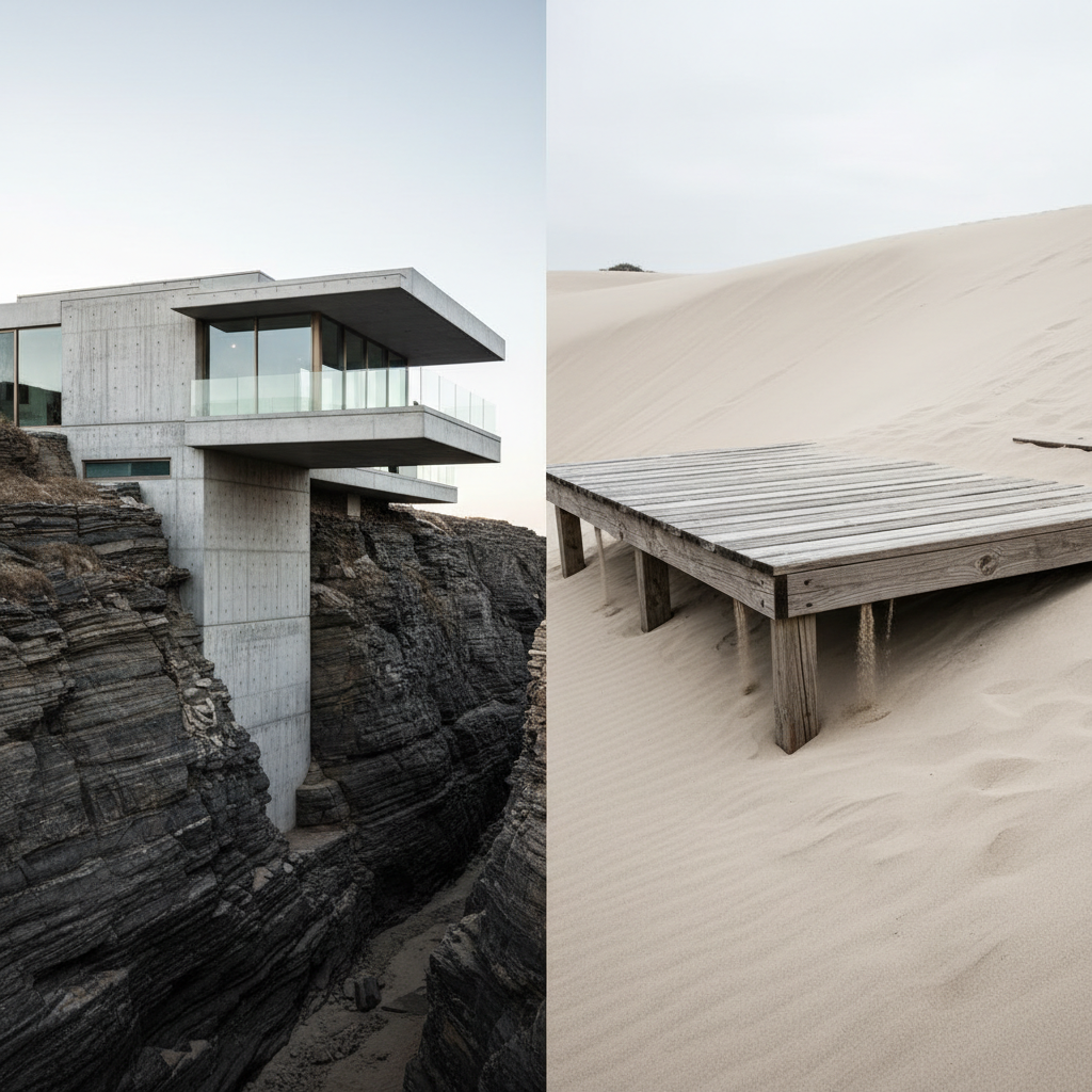 Uma casa moderna construída em terreno sólido ao lado de uma estrutura temporária em terreno instável, representando canal próprio vs alugado.