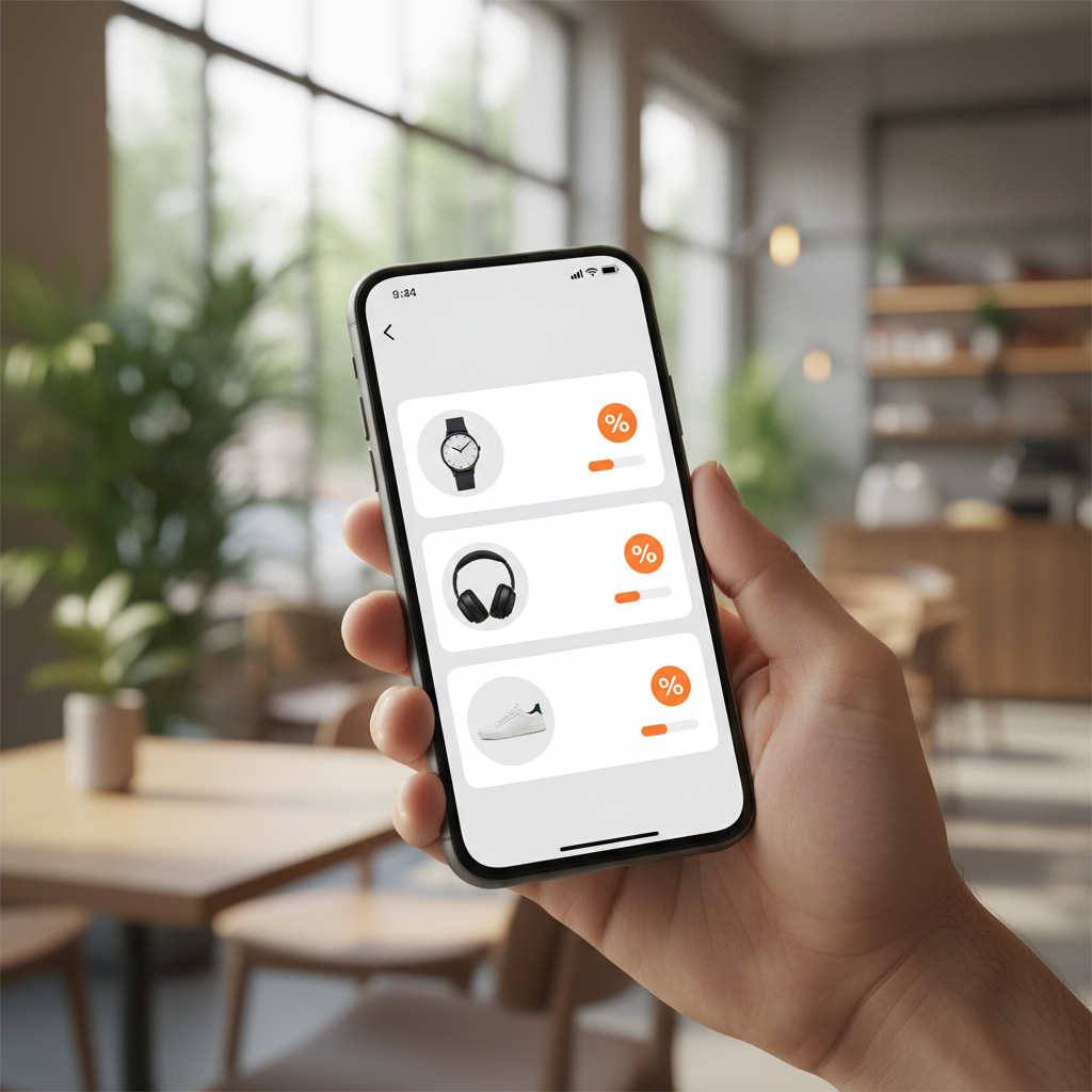 Mão segurando smartphone com diversas notificações de ofertas e alertas de entrega na tela de bloqueio.