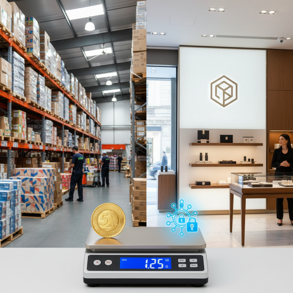 Ilustração comparativa entre um grande marketplace e uma vitrine de loja própria em uma balança comercial digital.
