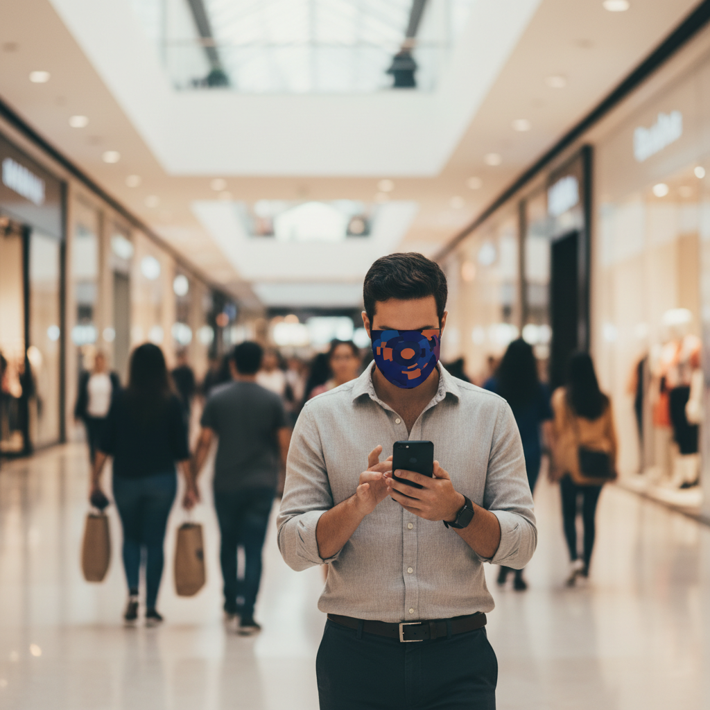 Consumidor caminhando e usando smartphone para compras online enquanto passa por vitrines físicas desfocadas ao fundo.