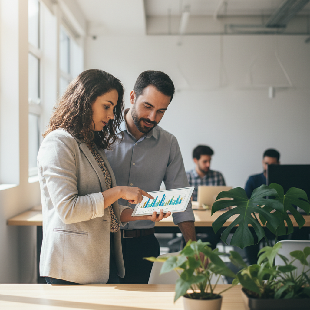 Executivos analisando dados de performance de e-commerce em dispositivo móvel em um ambiente de escritório moderno e iluminado.