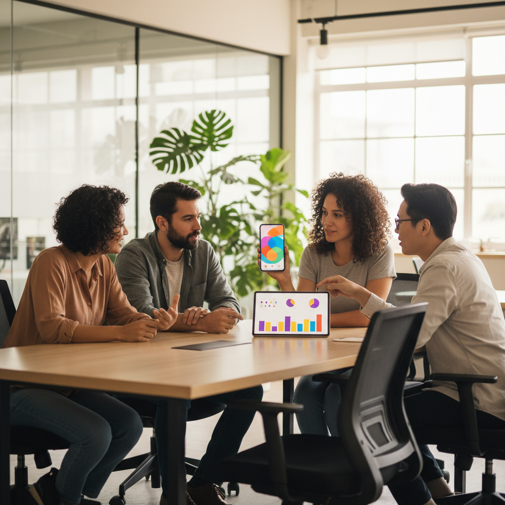 Equipe de marketing analisando métricas de mobile commerce em tablets e smartphones em um escritório moderno no Brasil.
