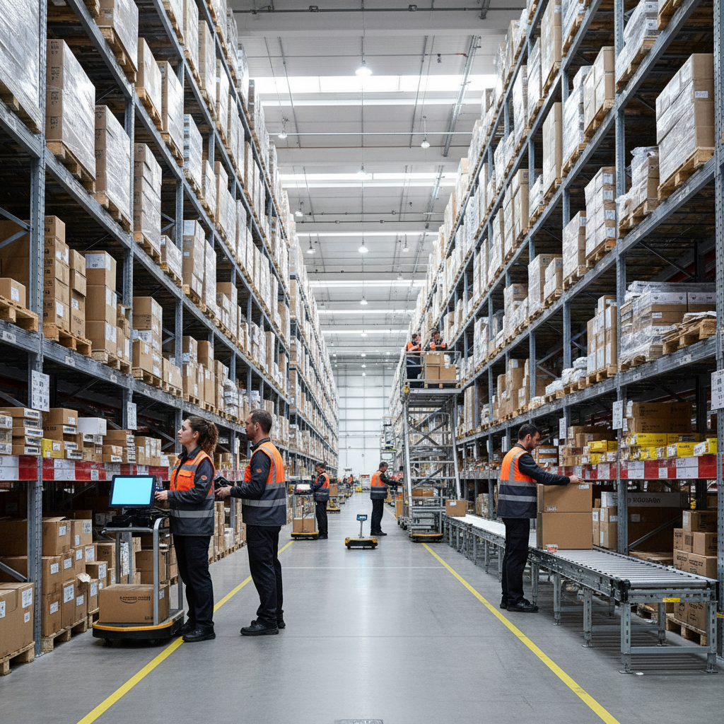 Trabalhadores em um moderno centro de distribuição organizando prateleiras de estoque com pacotes e caixas de e-commerce, ambiente profissional e focado em eficiência logística.