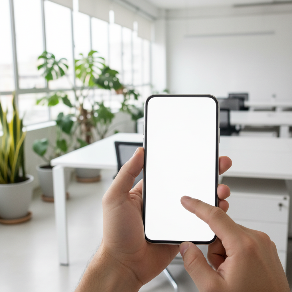 Visão aproximada de uma pessoa segurando um smartphone moderno em um ambiente de escritório clean e iluminado, focando na interação com a tela branca.