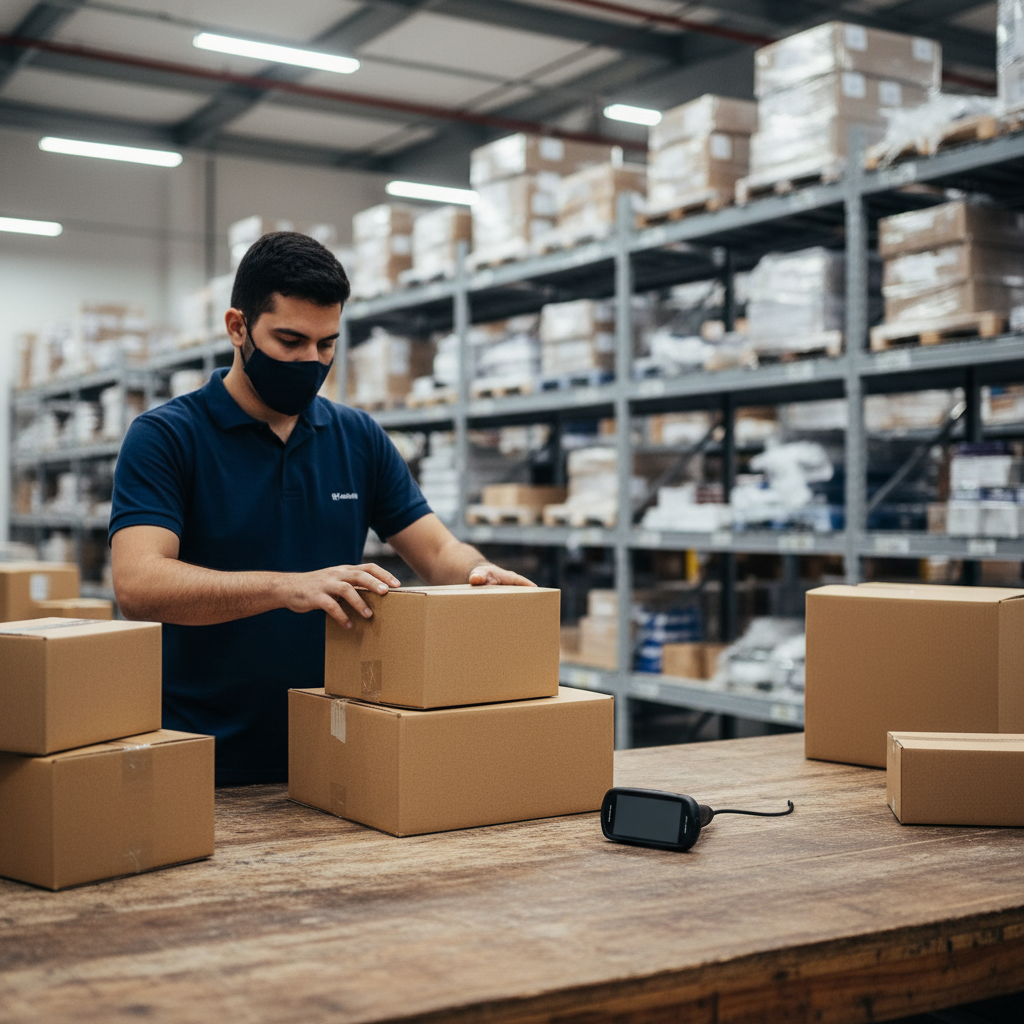 Homem em um centro de distribuição organizando caixas prontas para envio, representando a operação de um vendedor em marketplace.