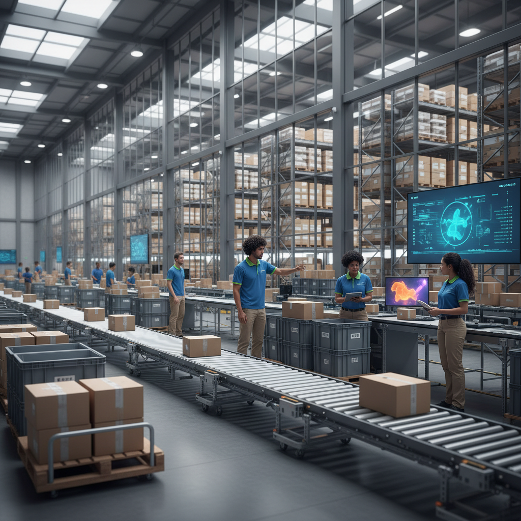 Trabalhador em centro de distribuição moderno organizando caixas em prateleiras altas, representando logística de e-commerce eficiente.