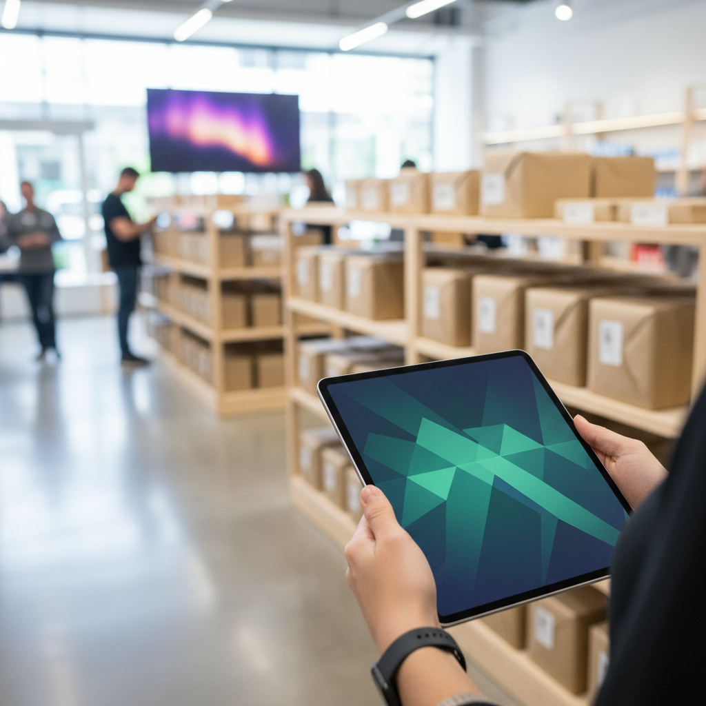 Um profissional em um escritório moderno analisando dados de segurança em um tablet, com uma interface de checkout abstrata ao fundo sugerindo proteção de dados e confiança no comércio eletrônico.
