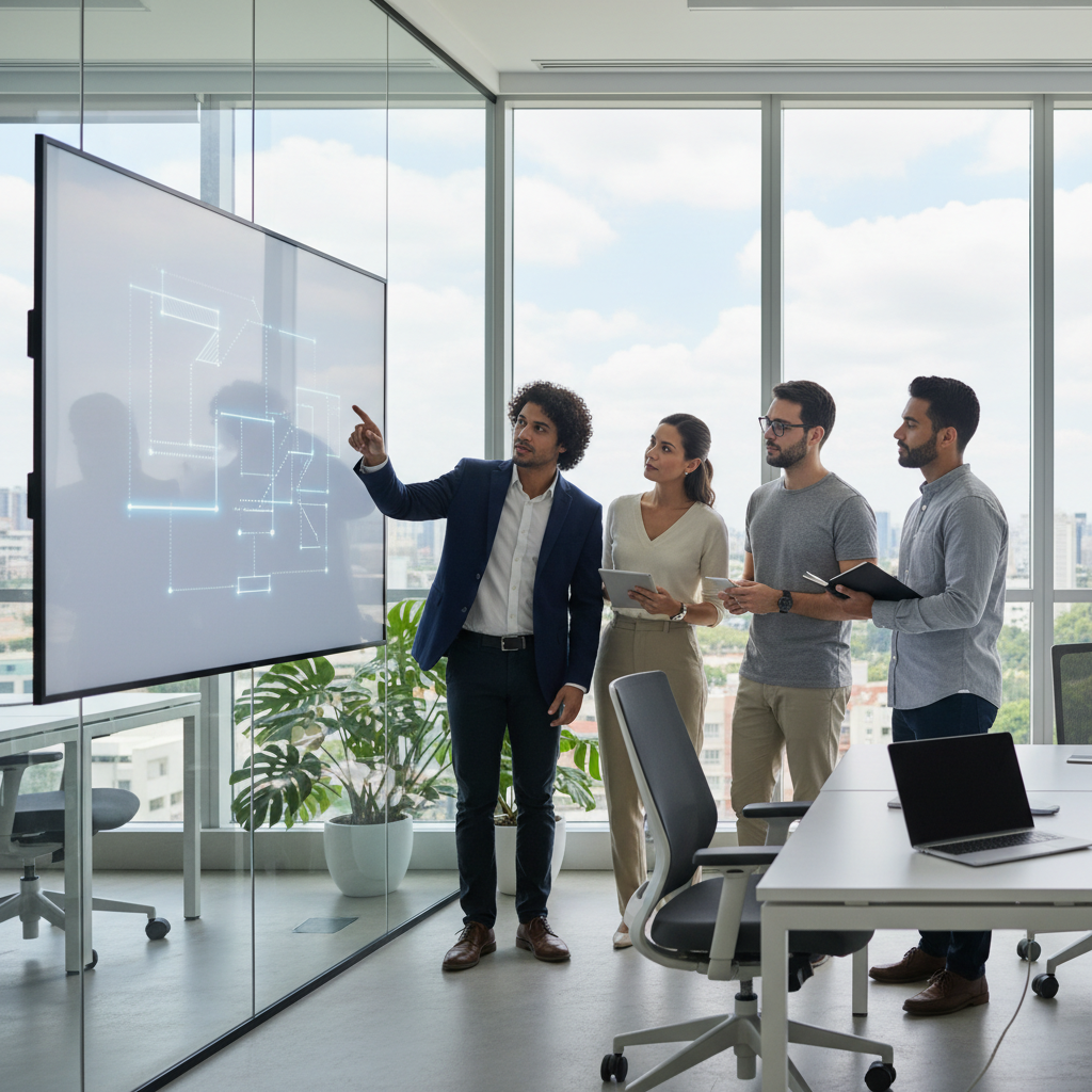 Equipe de tecnologia analisando cronograma de desenvolvimento de softwares em ambiente moderno.