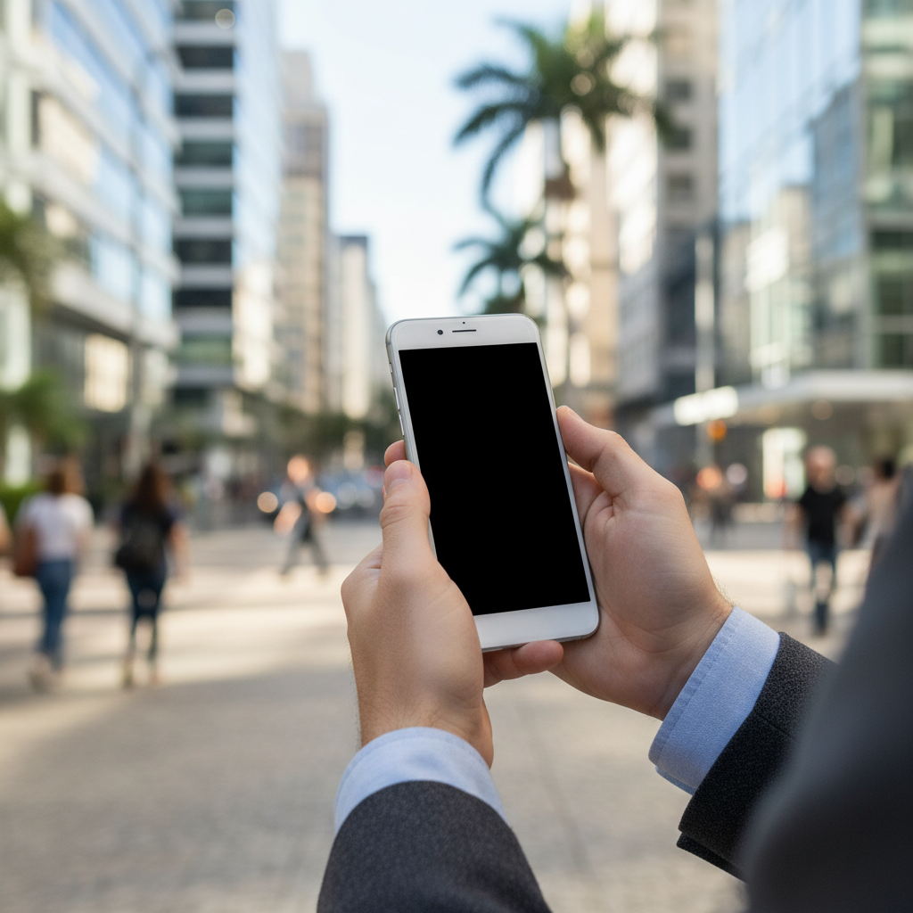 Pessoa em ambiente urbano moderno segurando um smartphone, com foco nas mãos e na tela abstrata, ilustrando o uso do celular no cotidiano brasileiro.