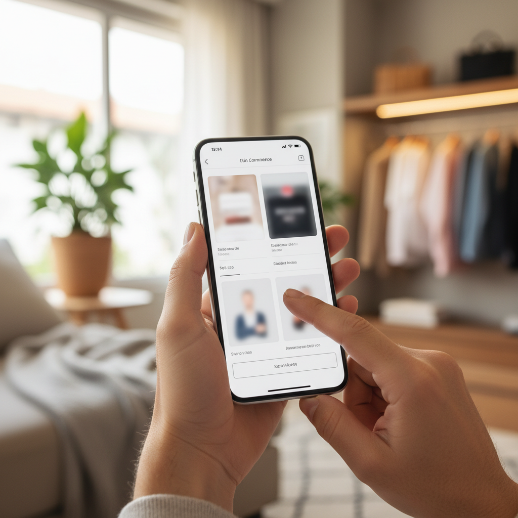 Visão de perto de uma pessoa utilizando um smartphone para fazer compras online em um aplicativo de e-commerce, com foco na tela mostrando resultados de produtos de forma fluida.