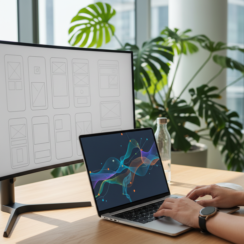 Profissional analisando métricas de aplicativos em uma tela de computador em um ambiente de escritório moderno com iluminação suave.