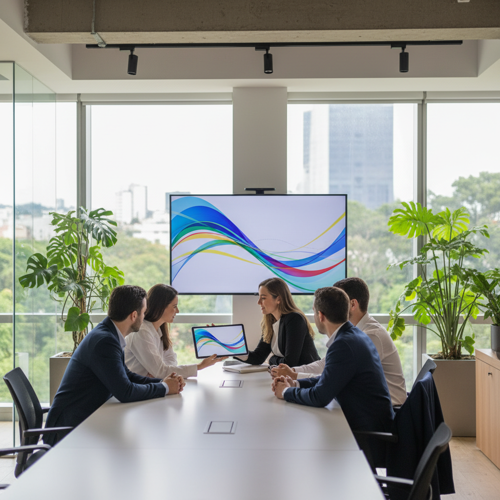 Equipe de marketing analisando métricas de retenção em um tablet em uma redação moderna.