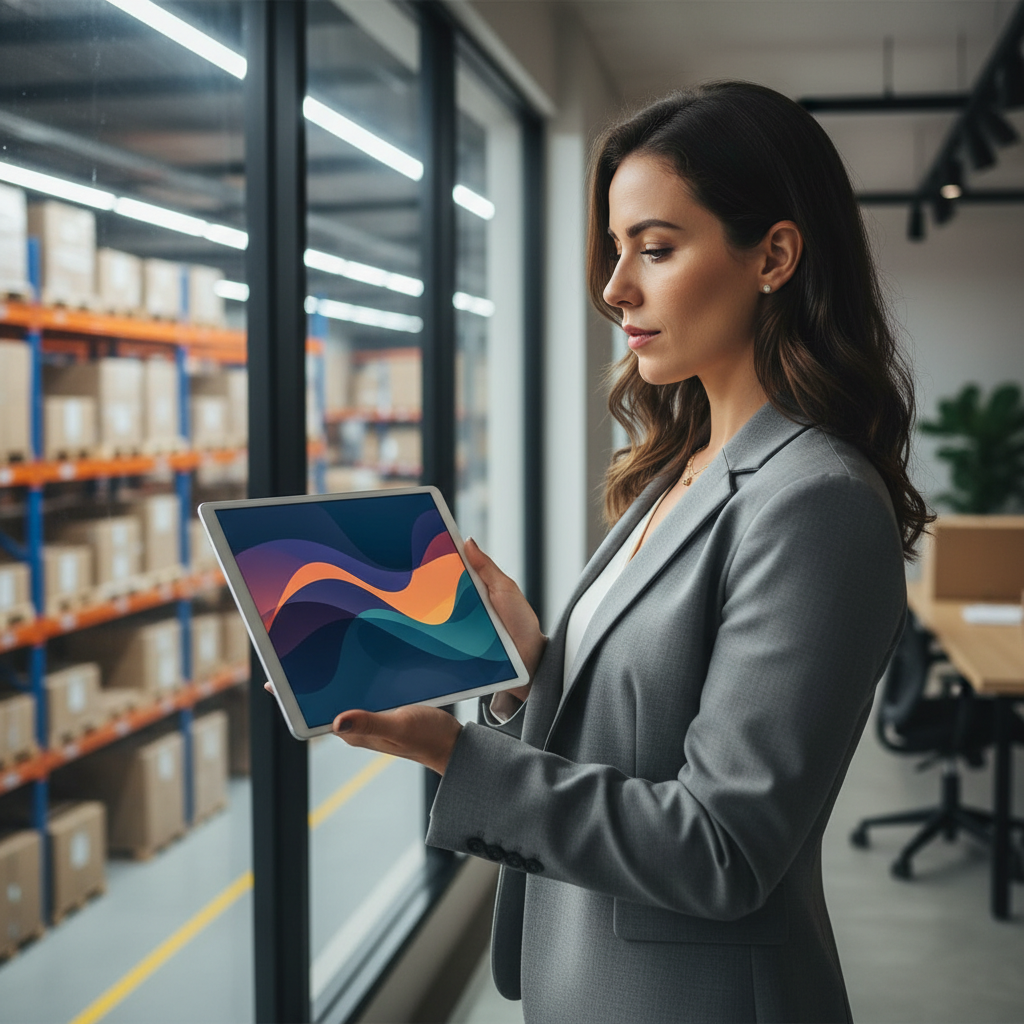 Profissional de e-commerce analisando dashboard em um tablet em ambiente de escritório moderno com prateleiras ao fundo.