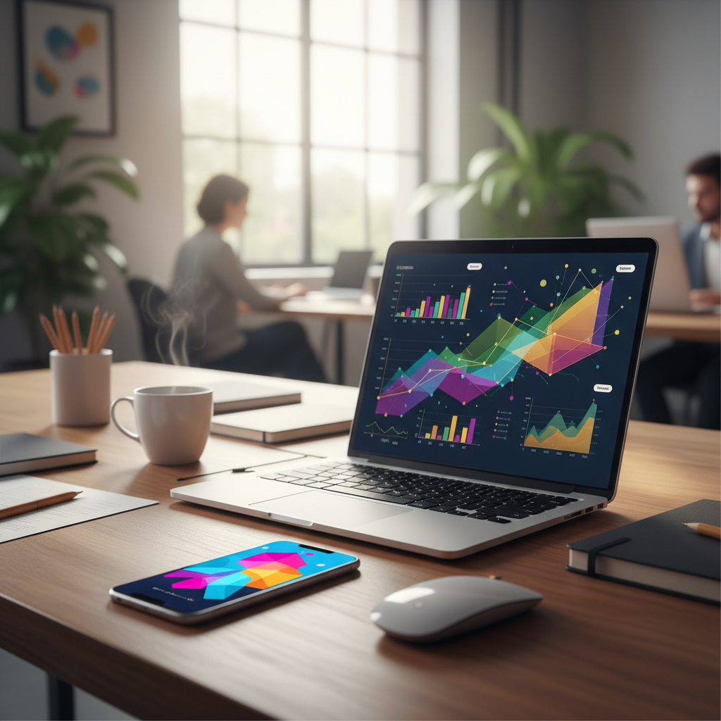 Especialista em marketing digital analisando métricas de anúncios em múltiplos monitores em um escritório moderno.
