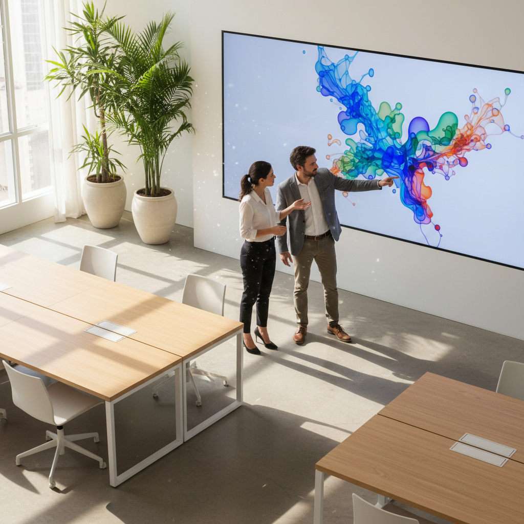 Equipe de marketing analisando métricas de aplicativos e gráficos de crescimento em um escritório moderno