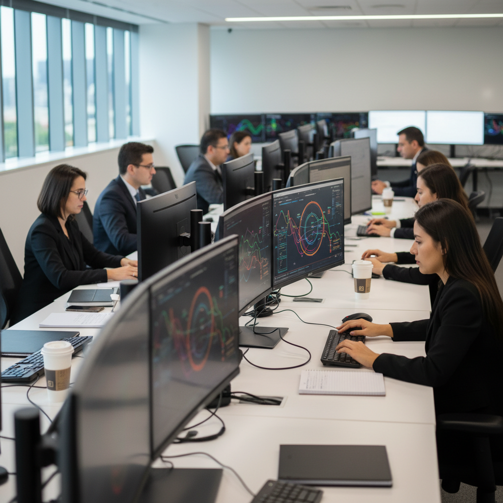 Profissionais de segurança cibernética monitorando operações de e-commerce em telas limpas em um ambiente de escritório moderno no Brasil.