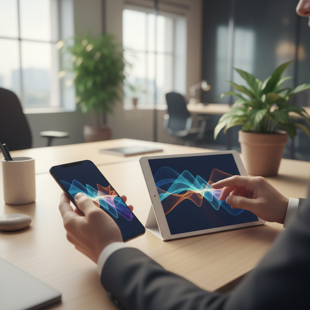 Profissional de tecnologia analisando métricas em um smartphone e tablet simultaneamente em um escritório moderno.
