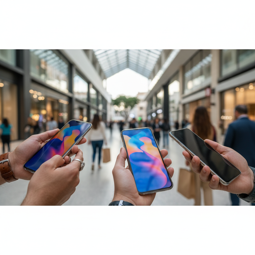 Pessoas em um ambiente moderno usando smartphones para fazer compras online, ilustrando a fluidez do mobile commerce.