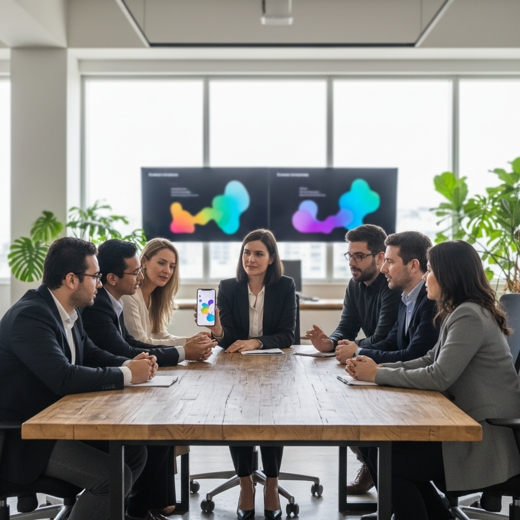Equipe de marketing e growth analisando métricas de performance em dispositivos móveis e dashboards em um escritório moderno no Brasil.