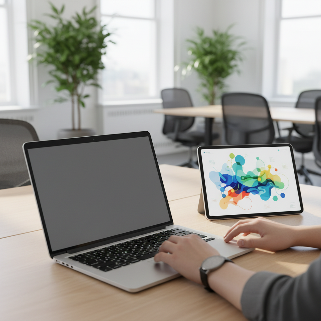Profissional de marketing analisando métricas de retenção e e-mail marketing em múltiplos monitores em um escritório moderno.