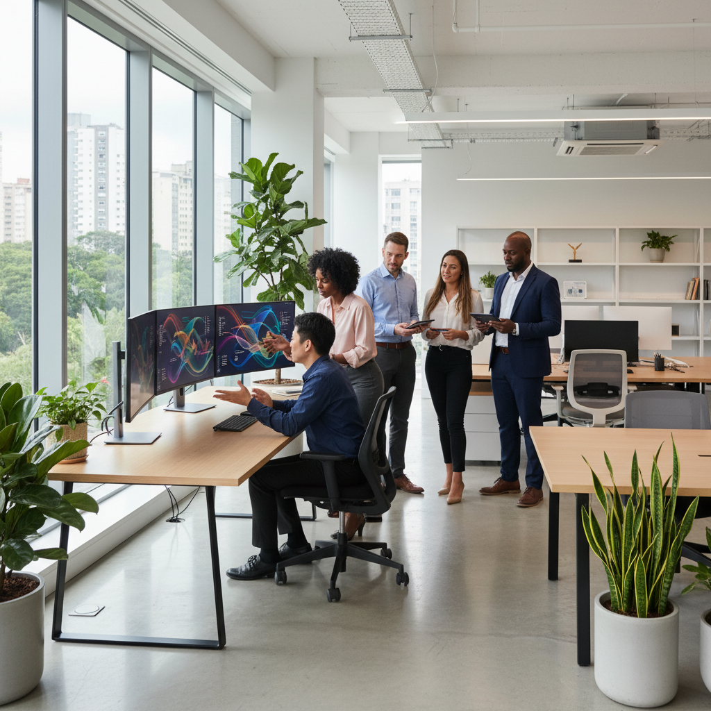 Equipe de marketing analisando métricas de e-commerce em telas digitais em um escritório moderno com decoração industrial.