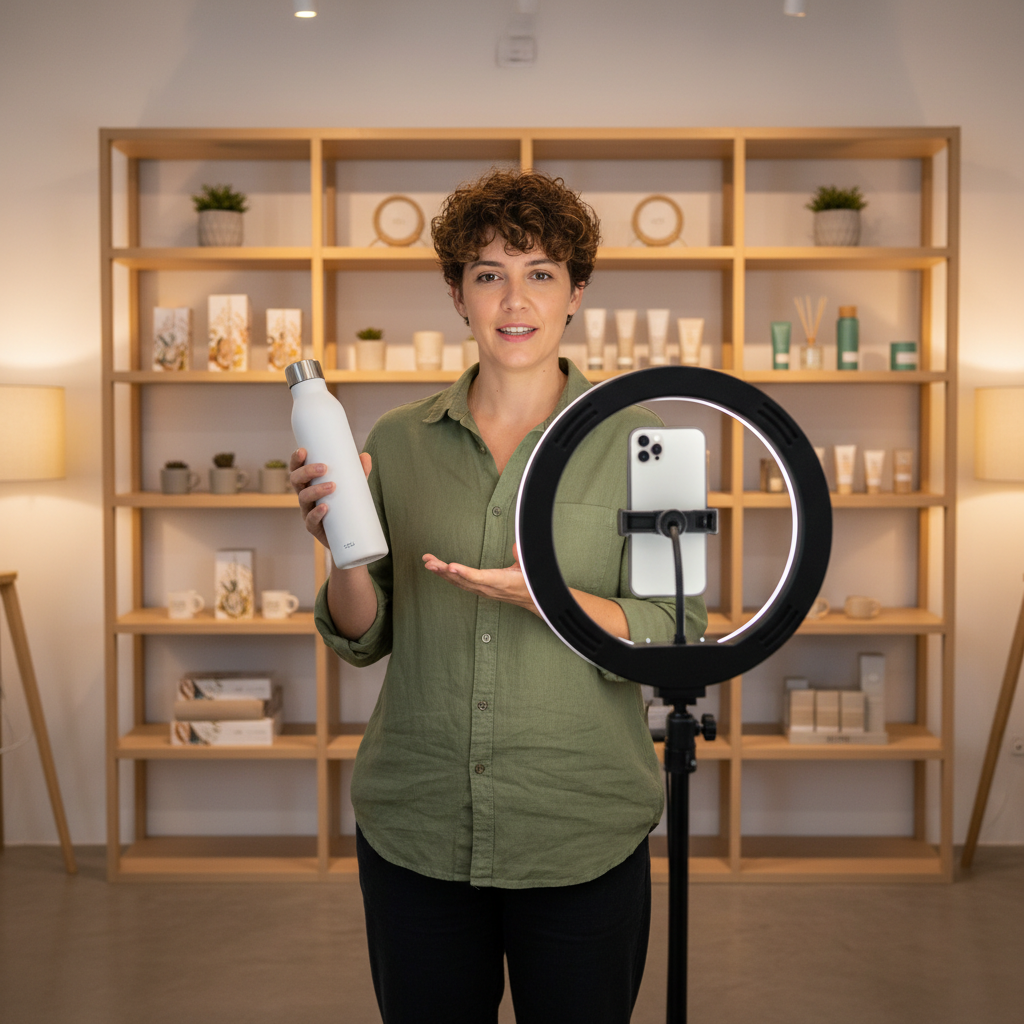 Pessoa segurando um smartphone em um tripé fazendo uma transmissão ao vivo de produtos em um cenário de estúdio moderno.