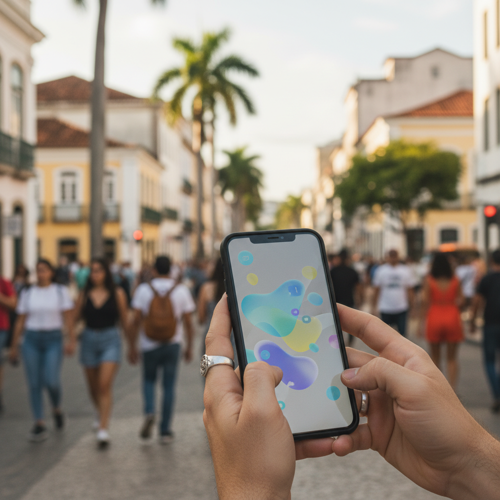 Pessoa segurando smartphone mostrando notificações coloridas em uma rua movimentada de São Paulo, estilo editorial.