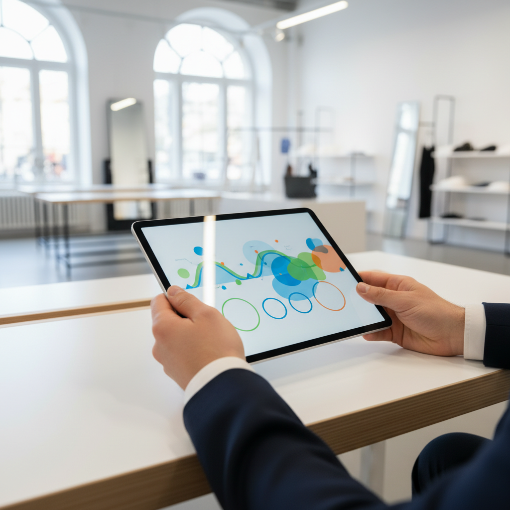 Mãos de um profissional operando um tablet em um ambiente de escritório moderno, com foco em gráficos financeiros abstratos e interfaces de pagamento simplificadas.