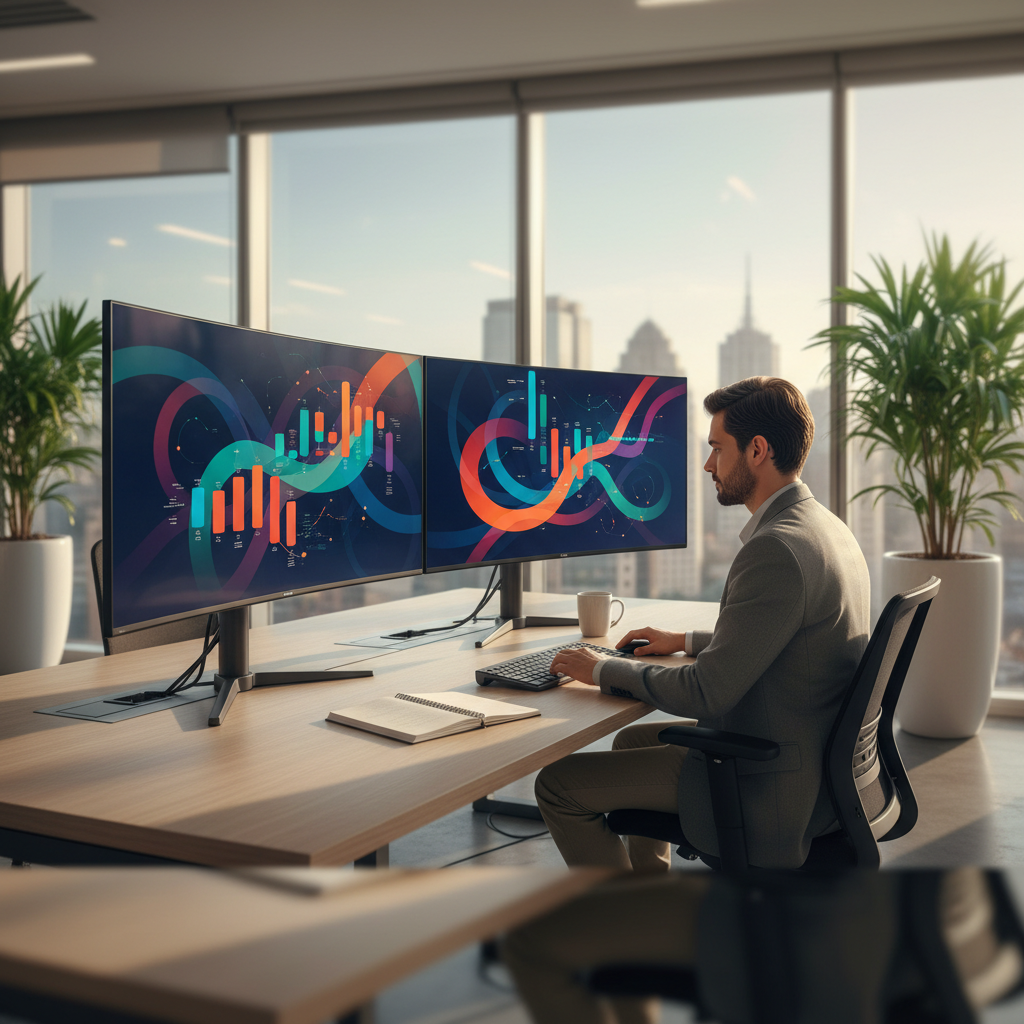 Profissional de e-commerce analisando métricas de vendas em múltiplos monitores em um escritório moderno, focando em dashboards de performance de marketplace.