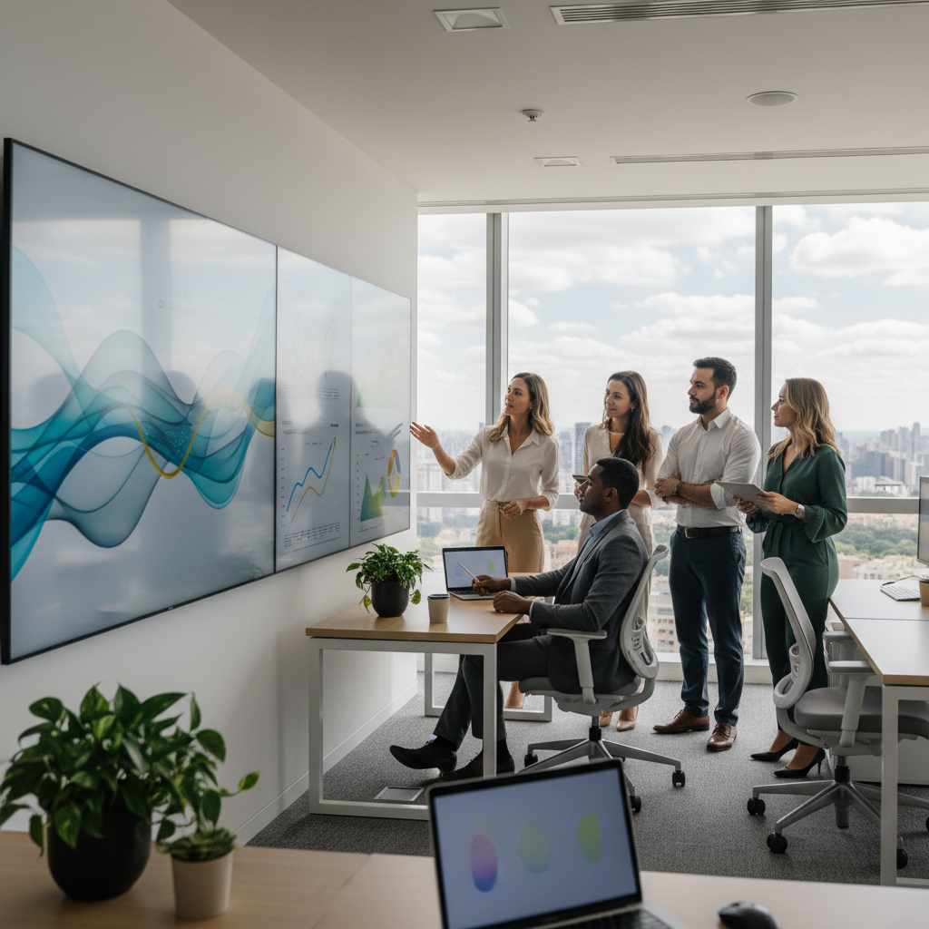Profissionais em um escritório moderno analisando dashboards de dados em telas grandes, com foco em métricas de crescimento e automação.