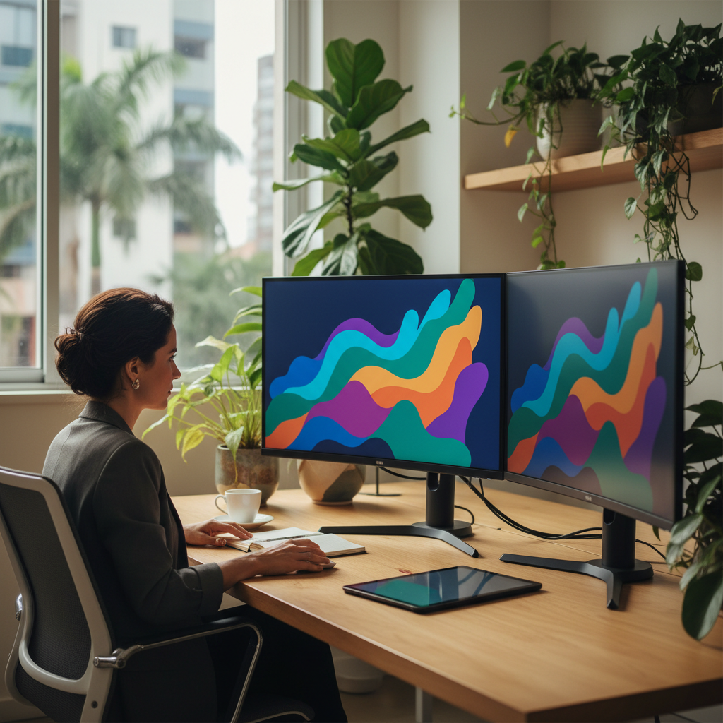 Profissional de marketing analisando gráficos de performance de mídia paga em múltiplos monitores em um escritório moderno.