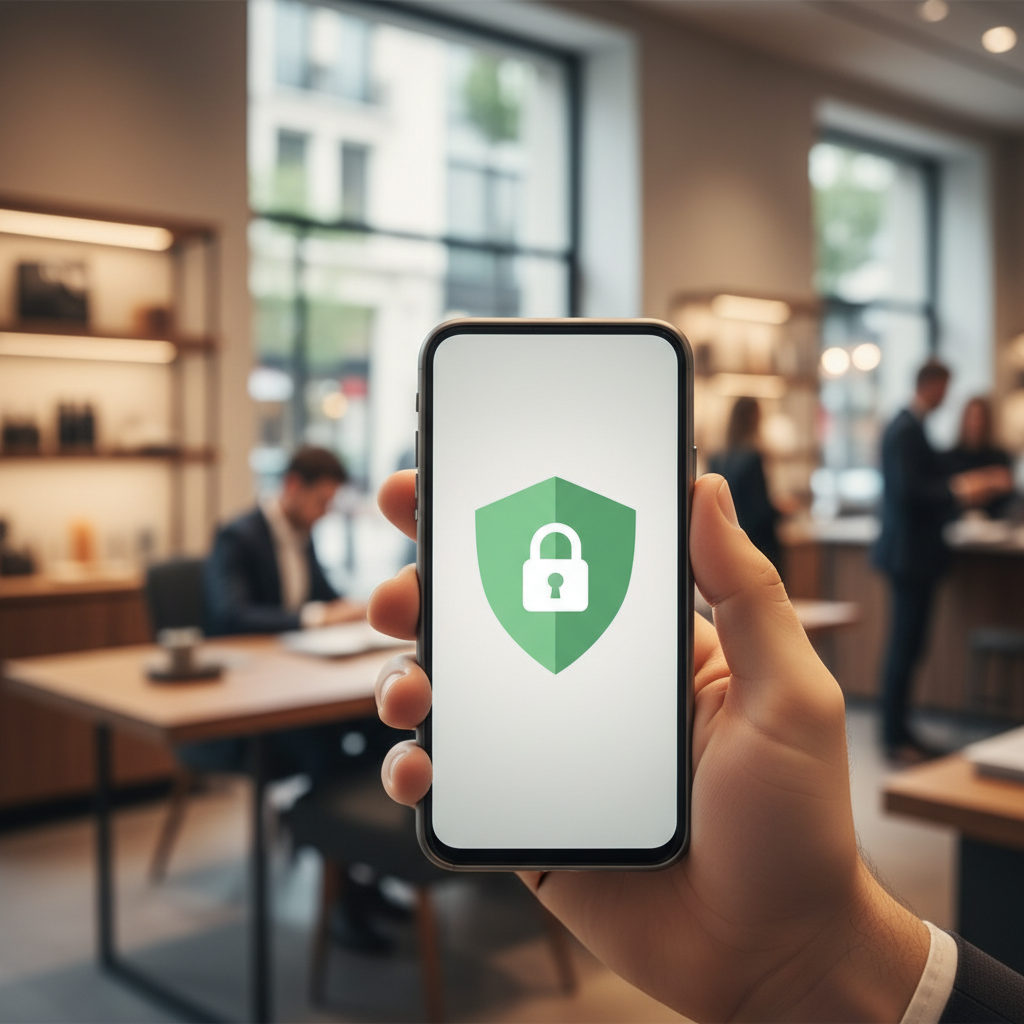 Smartphone exibindo ícone de escudo verde e cadeado sobre tela de checkout em um ambiente de escritório moderno, simbolizando segurança em transações digitais.