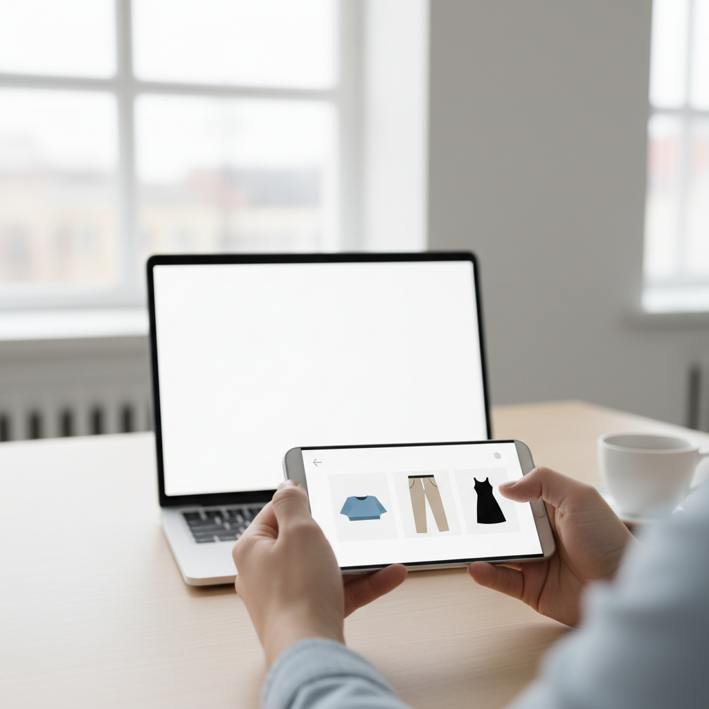 Pessoa segurando smartphone mostrando uma interface de loja virtual com produtos de moda, ambiente de escritório moderno ao fundo.