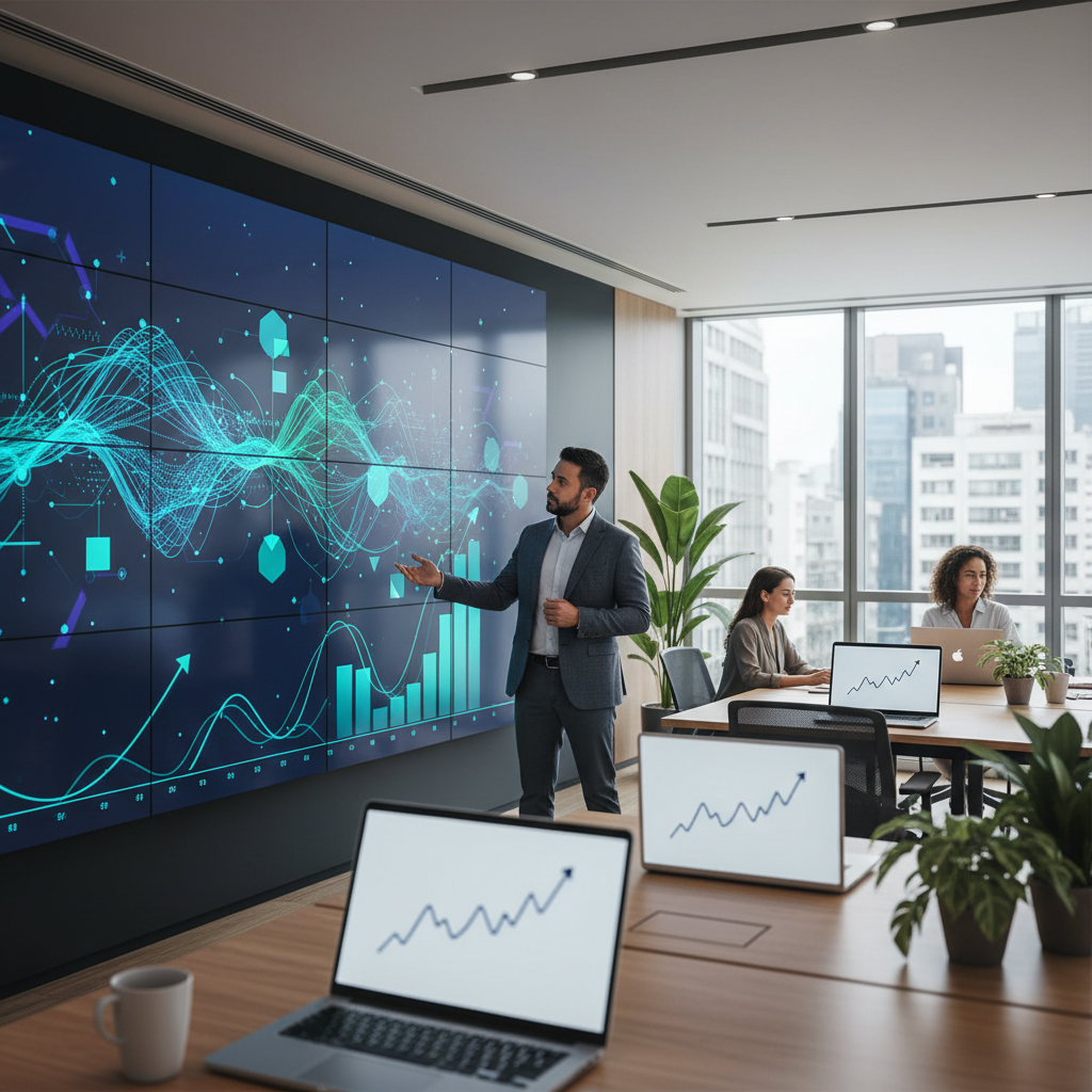 Profissional analisando métricas de retenção e onboarding em uma tela digital moderna em um escritório de tecnologia.