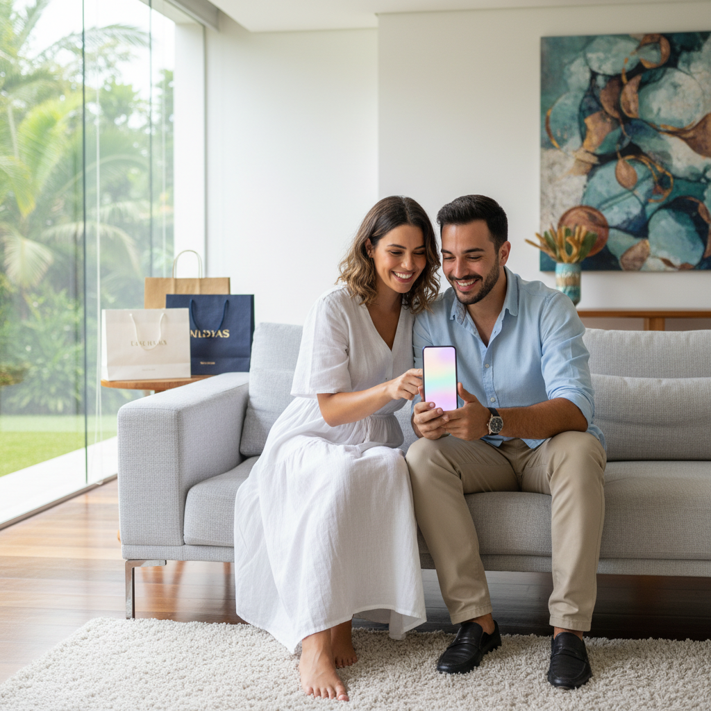 Casal jovem sentado no sofá de uma sala moderna, sorrindo enquanto olham juntos para a tela de um smartphone, com sacolas de compras de luxo ao fundo e luz natural entrando pela janela.