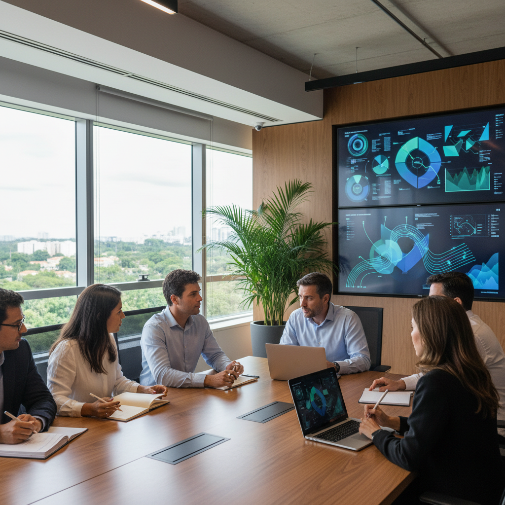 Profissional de marketing digital analisando métricas de performance e campanhas de retail media em múltiplos monitores em um escritório moderno.
