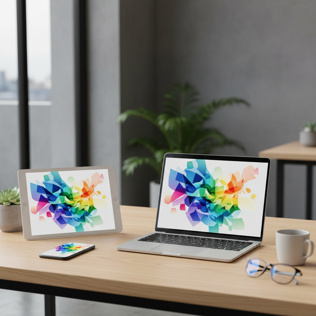 Profissional de tecnologia analisando dados de crescimento em múltiplos dispositivos em um escritório moderno com iluminação natural.