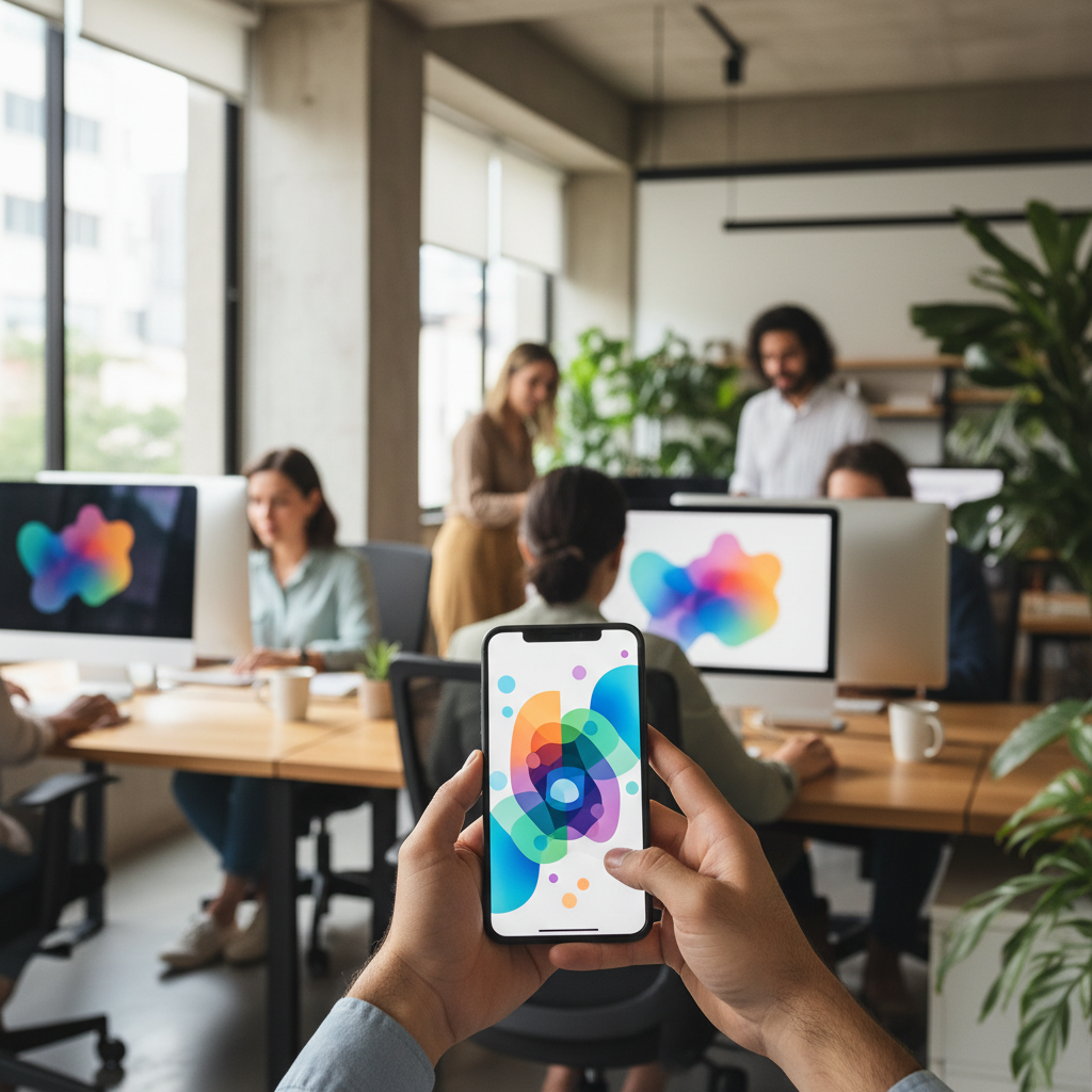 Pessoas em um escritório moderno utilizando smartphones para gerenciar dashboards de software e produtividade.