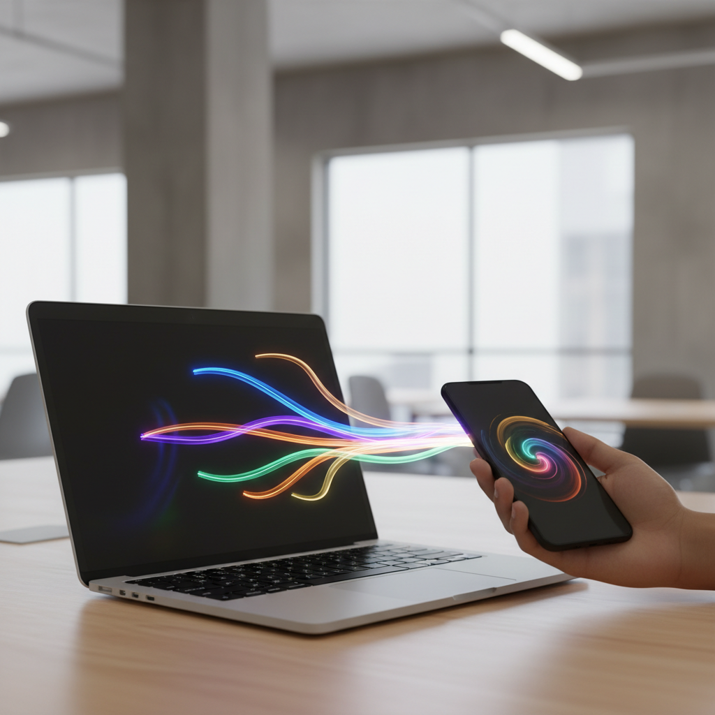 Cinco setas convergindo de um navegador web para um smartphone em um ambiente tecnológico limpo e minimalista.